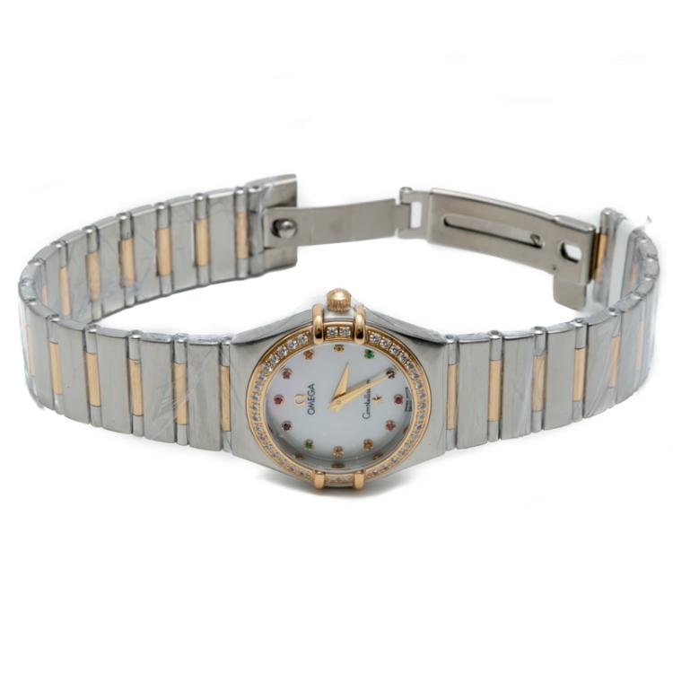 Pre Owned Omega White Mop Diamond & Rainbow Stones Constellation Steel & 18K Yellow Gold Women's Watch 27MM