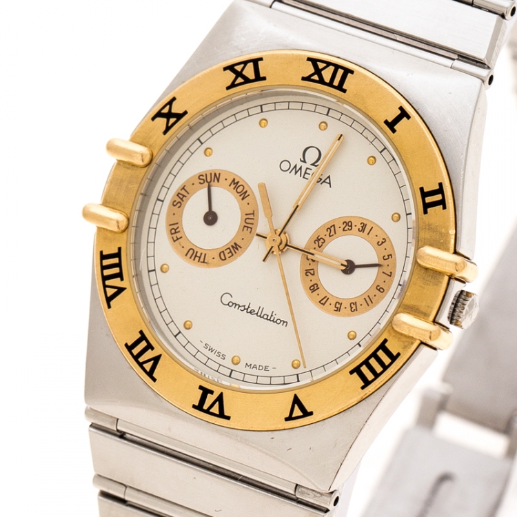 Pre Owned Omega Cream 18K Yellow Gold Stainless Steel Constellation 396.1070 Unisex Wristwatch 33 mm