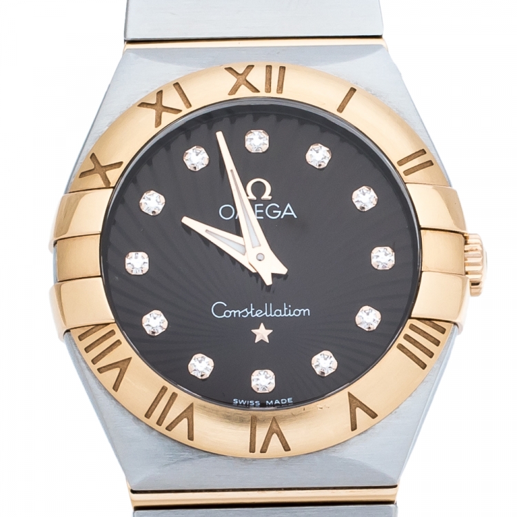 Pre Owned Omega Brown 18K Rose Gold Stainless Steel Diamond Constellation 123.20.27.60.63.001 Women's Wristwatch 27 mm