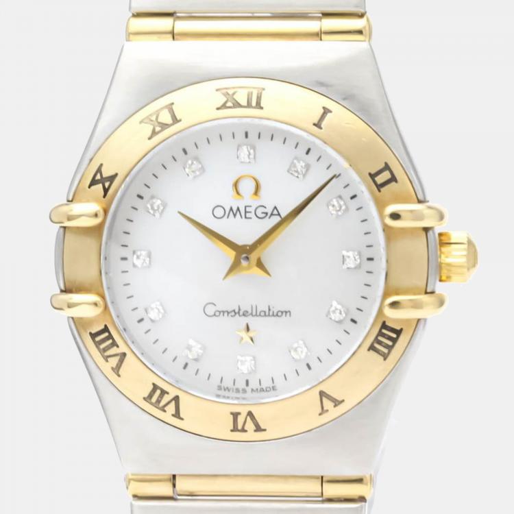 Pre Owned Omega White Shell Diamond 18k Yellow Gold And Stainless Steel Constellation 1262.75 Quartz Women's Wristwatch 22 mm