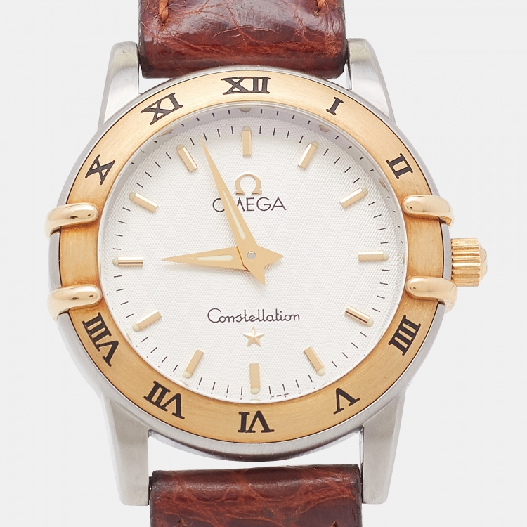 Pre Owned Omega Silver 18K Yellow Gold Stainless Steel Alligator Leather Constellation 595.1201 Women's Wristwatch 25 mm