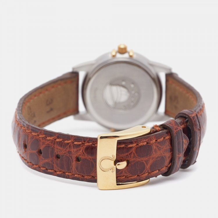 Pre Owned Omega Silver 18K Yellow Gold Stainless Steel Alligator Leather Constellation 595.1201 Women's Wristwatch 25 mm