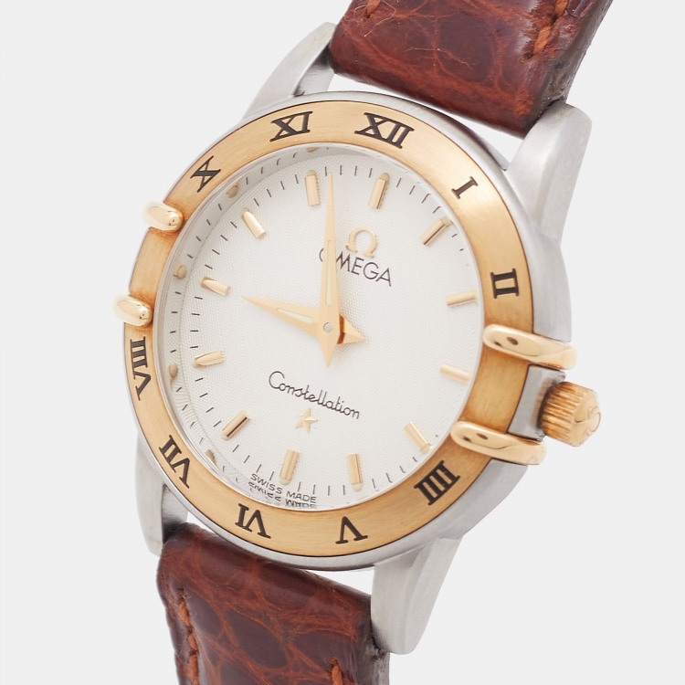 Pre Owned Omega Silver 18K Yellow Gold Stainless Steel Alligator Leather Constellation 595.1201 Women's Wristwatch 25 mm
