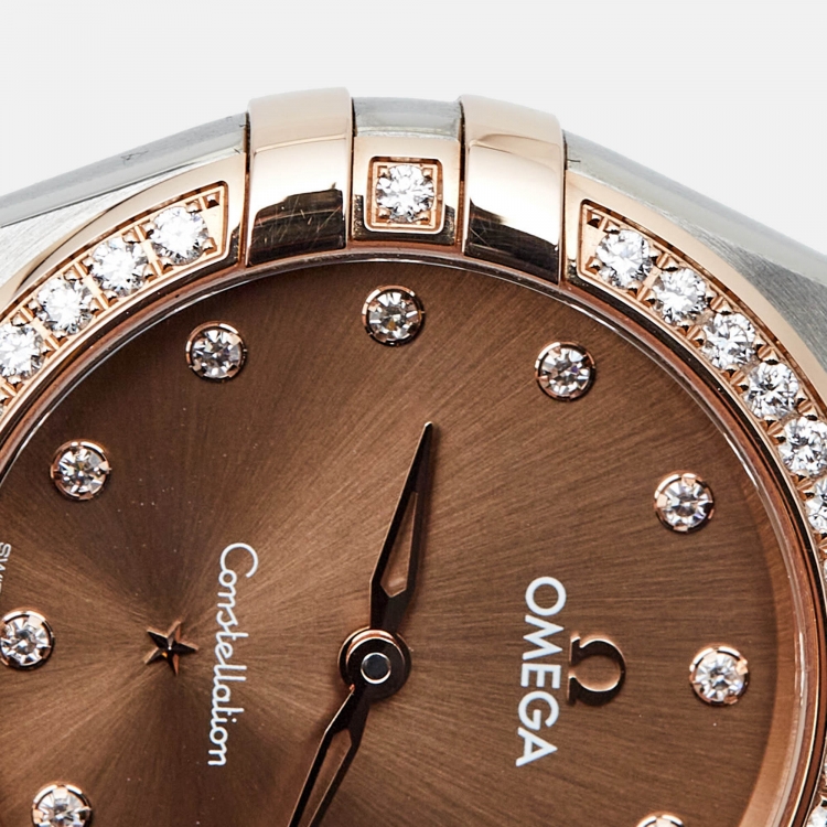 Pre Owned Omega Brown 18K Sedna Gold Stainless Steel Diamond Constellation 131.20.28.60.63.001 Women's Wristwatch 28 mm