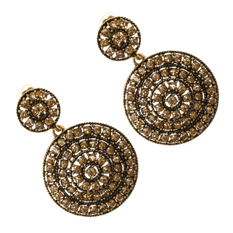 مملوكة مسبقًا Oscar de la Renta Brown Crystal Clip Earrings