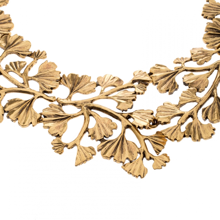 Pre Owned Oscar De La Renta Fern Gold Tone Collar Statement Necklace