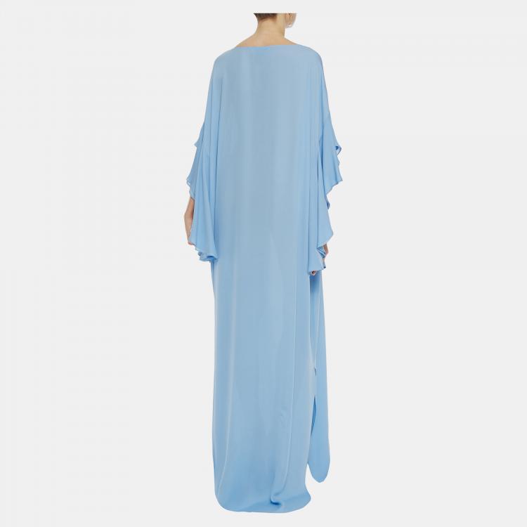 Pre Owned Oscar De La Renta Blue Silk Oversized Flared Sleeves Gown L