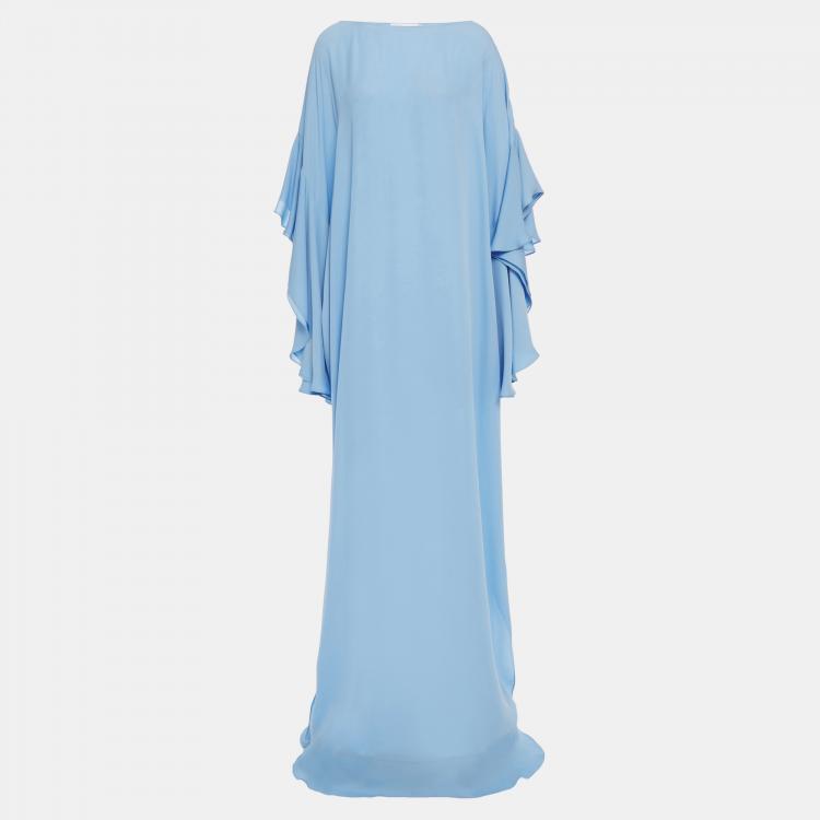 Pre Owned Oscar De La Renta Blue Silk Oversized Flared Sleeves Gown L