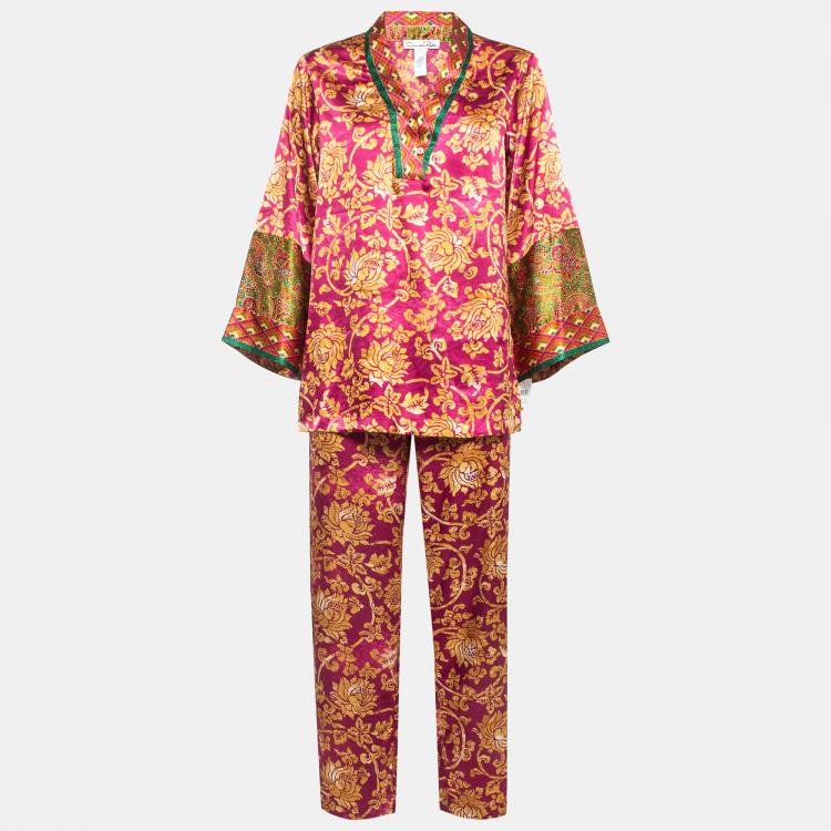 Pre Owned Oscar de la Renta Pink Regal Tapestry Print Satin Pajama Set S