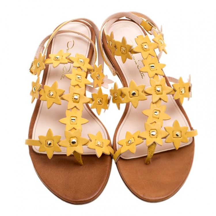 Pre Owned Oscar de la Renta Yellow Floral Jenisa Ankle Strap Flat Sandals Size 37