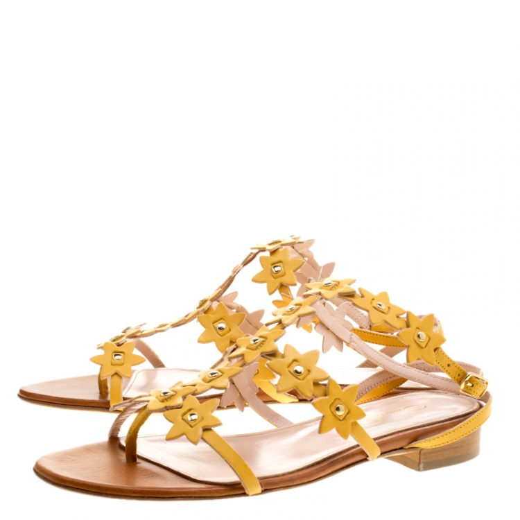 Pre Owned Oscar de la Renta Yellow Floral Jenisa Ankle Strap Flat Sandals Size 37