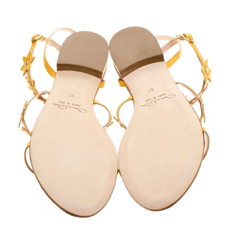 Pre Owned Oscar de la Renta Yellow Floral Jenisa Ankle Strap Flat Sandals Size 37