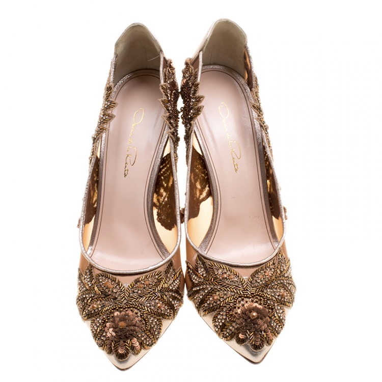 Pre Owned Oscar de la Renta Metallic Bronze Leather and Mesh Alyssa Embellished Pointed Toe Pumps Size 40