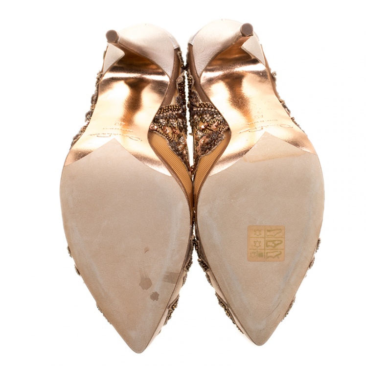 Pre Owned Oscar de la Renta Metallic Bronze Leather and Mesh Alyssa Embellished Pointed Toe Pumps Size 40