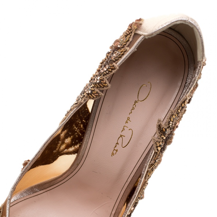 Pre Owned Oscar de la Renta Metallic Bronze Leather and Mesh Alyssa Embellished Pointed Toe Pumps Size 40