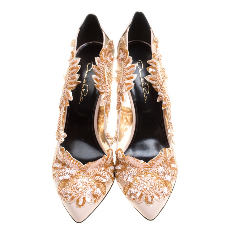 مملوكة مسبقًا Oscar de la Renta Beige Patent Leather and Mesh Alyssa Embellished Pointed Toe Pumps Size 39.5