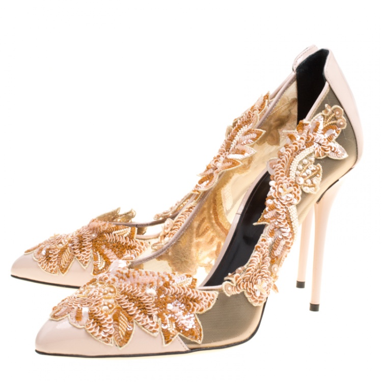 مملوكة مسبقًا Oscar de la Renta Beige Patent Leather and Mesh Alyssa Embellished Pointed Toe Pumps Size 39.5