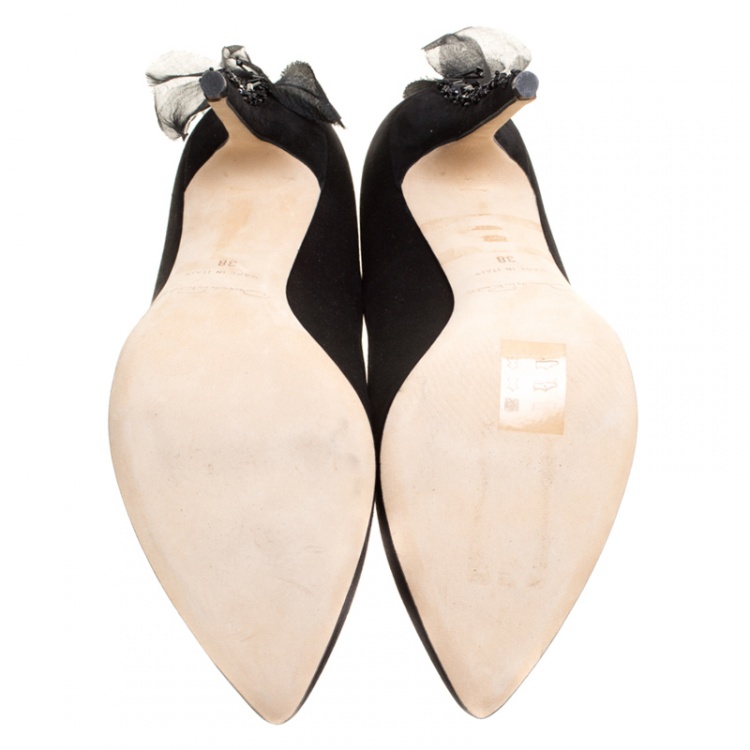 Pre Owned Oscar de la Renta Black Satin Kincy Embellished Heel Pumps Size 38