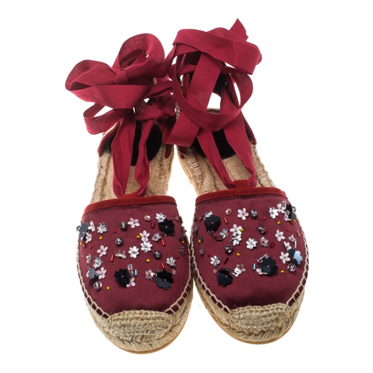 Pre Owned Oscar de la Renta Burgundy Satin Adriana Embellished Flat Espadrilles Size 40