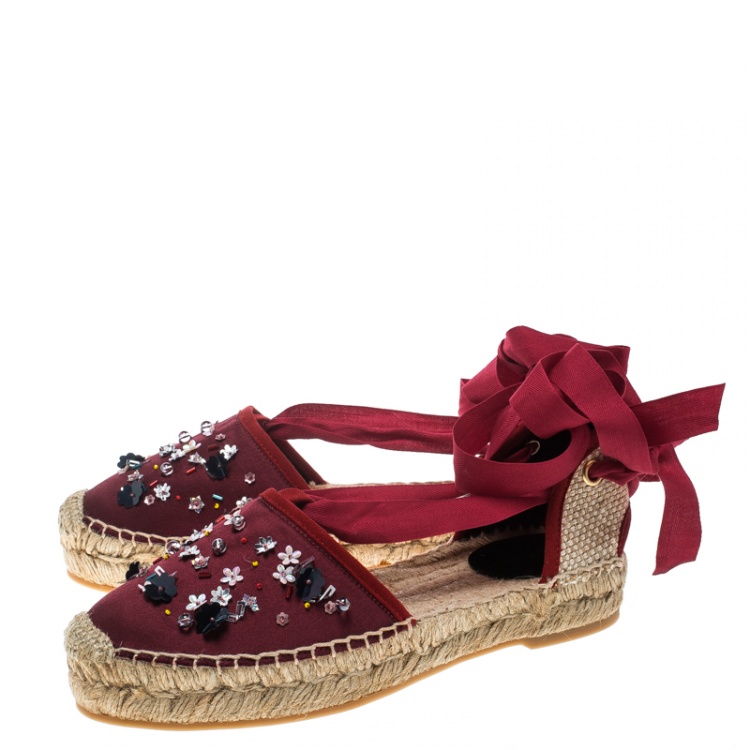 Pre Owned Oscar de la Renta Burgundy Satin Adriana Embellished Flat Espadrilles Size 40