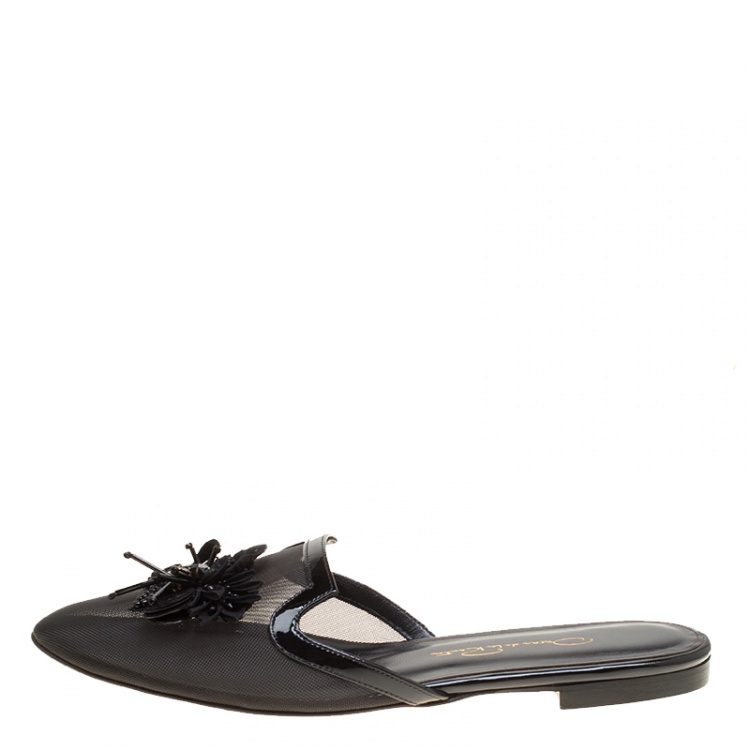 Pre Owned Oscar de la Renta Black Mesh Embellished Flat Slides Size 37