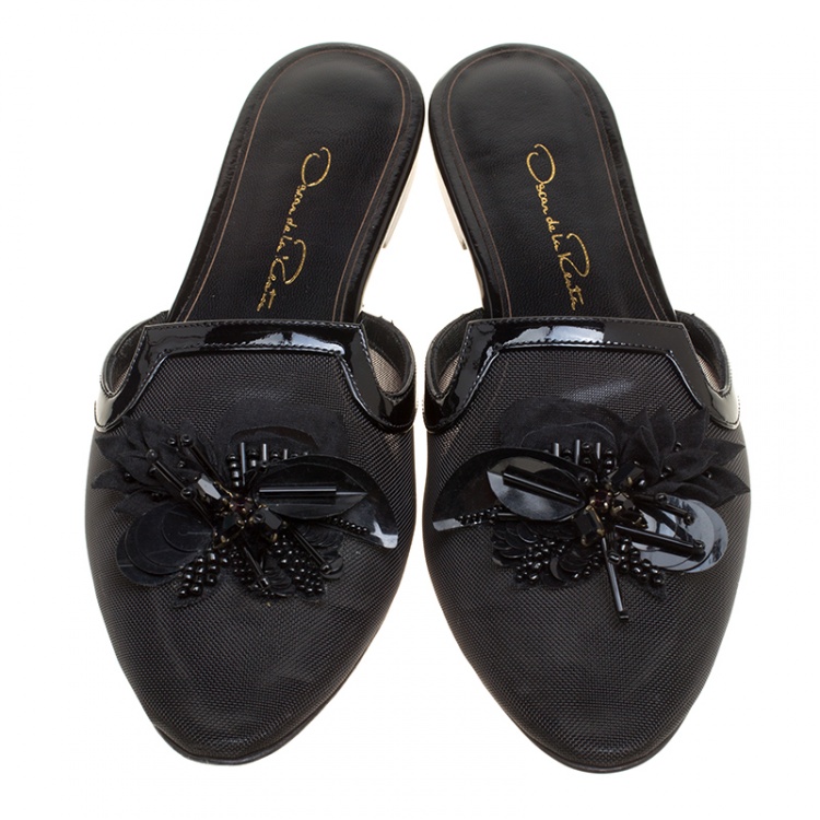 Pre Owned Oscar de la Renta Black Mesh Embellished Flat Slides Size 37