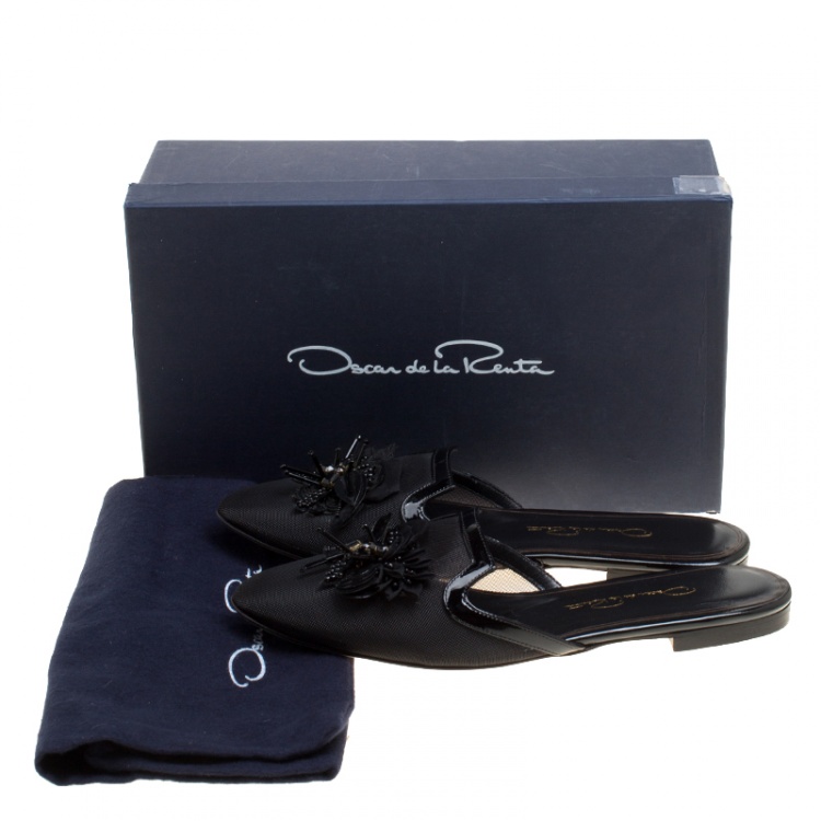 Pre Owned Oscar de la Renta Black Mesh Embellished Flat Slides Size 37