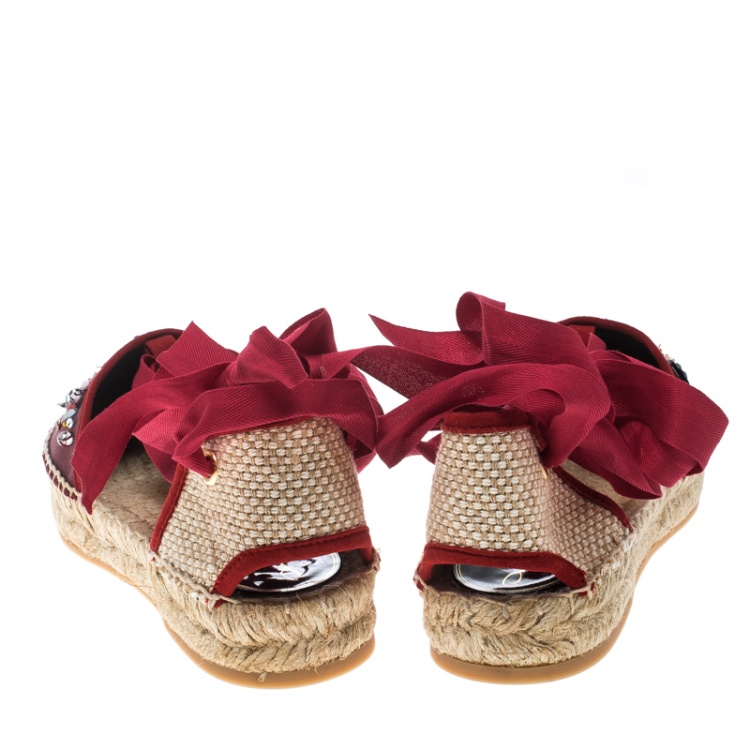 Pre Owned Oscar de la Renta Burgundy Satin Adriana Embellished Flat Espadrilles Size 37