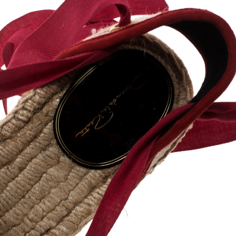 Pre Owned Oscar de la Renta Burgundy Satin Adriana Embellished Flat Espadrilles Size 37
