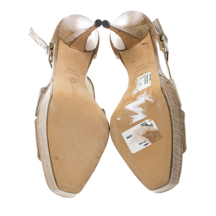 Pre Owned Oscar de la Renta Beige Patent Leather and Python Platform Cross Strap Sandals Size 39.5