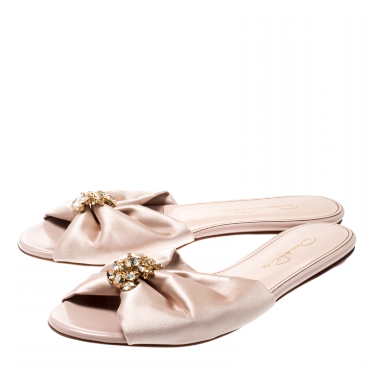 Pre Owned Oscar de la Renta Pink Satin Mia Crystal Embellished Flat Slides Size 38