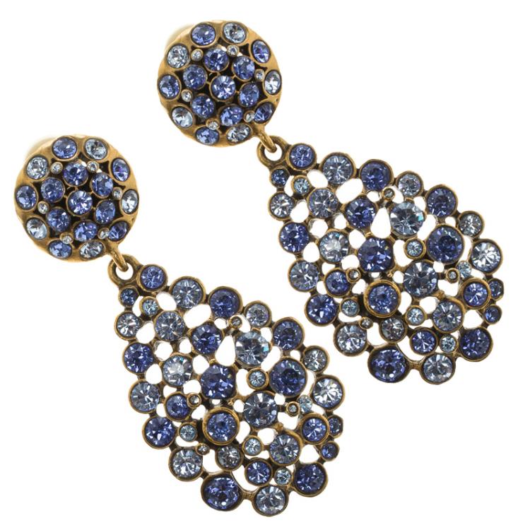 Pre Owned Oscar de la Renta Blue Crystal Tear Drop Clip Earrings
