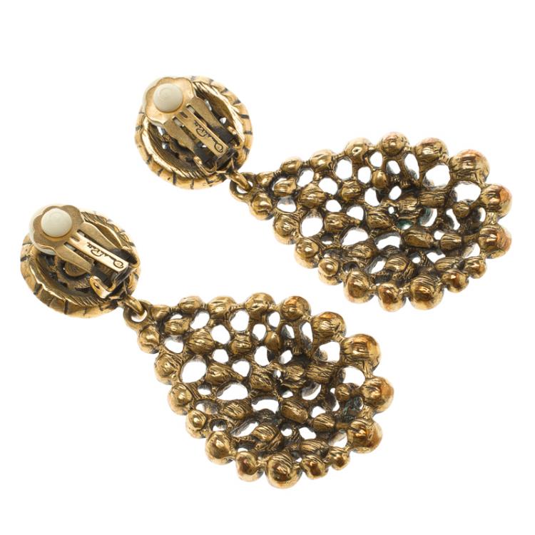 Pre Owned Oscar de la Renta Blue Crystal Tear Drop Clip Earrings