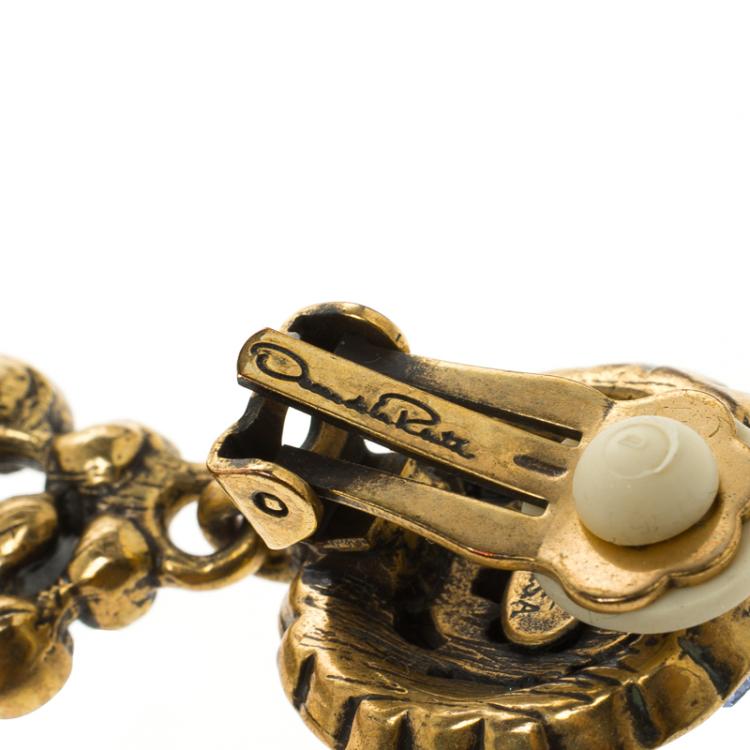 Pre Owned Oscar de la Renta Blue Crystal Tear Drop Clip Earrings