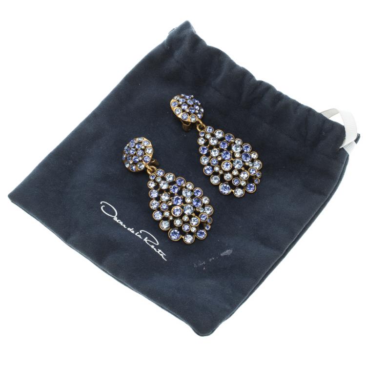 Pre Owned Oscar de la Renta Blue Crystal Tear Drop Clip Earrings