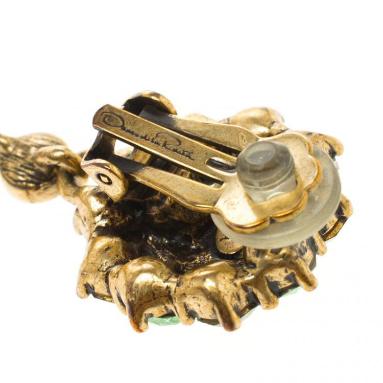 Pre Owned Oscar de la Renta Green Crystal Clip On Long Earrings