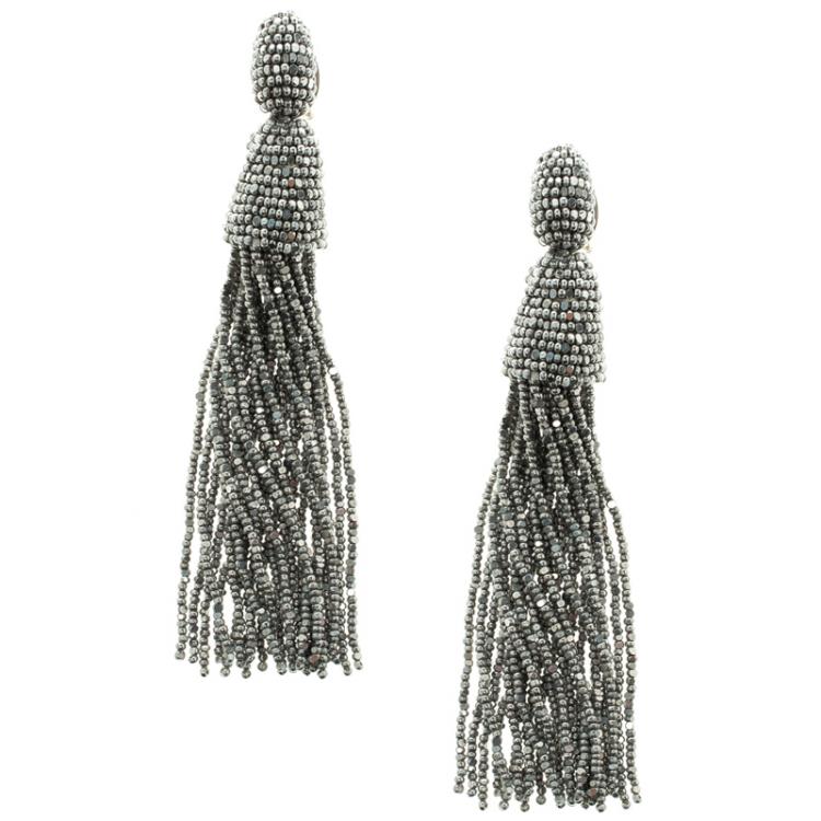 Pre Owned Oscar de la Renta Grey Beaded Long Tassel Clip-on Earrings