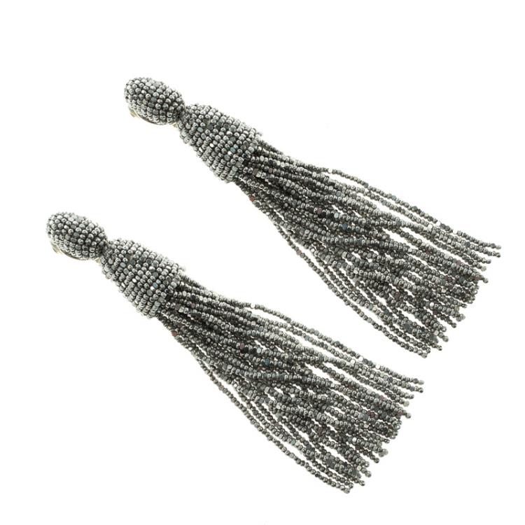 Pre Owned Oscar de la Renta Grey Beaded Long Tassel Clip-on Earrings