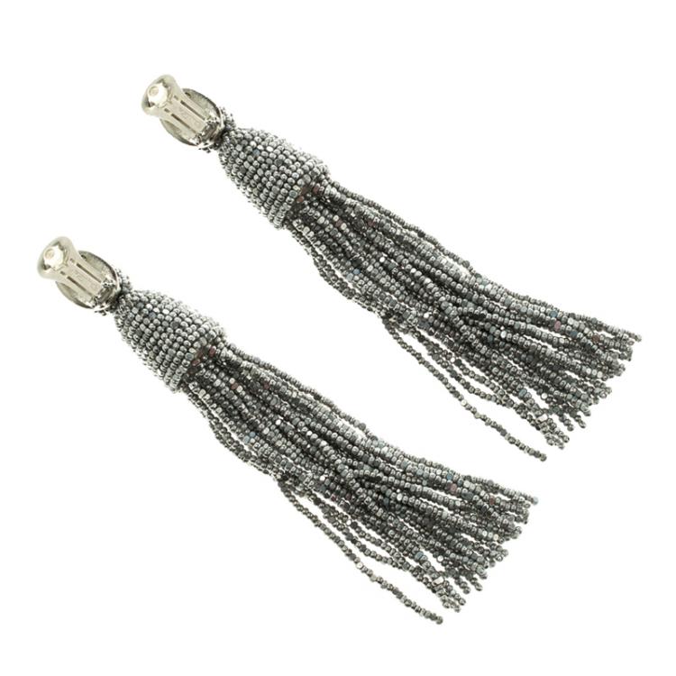 Pre Owned Oscar de la Renta Grey Beaded Long Tassel Clip-on Earrings