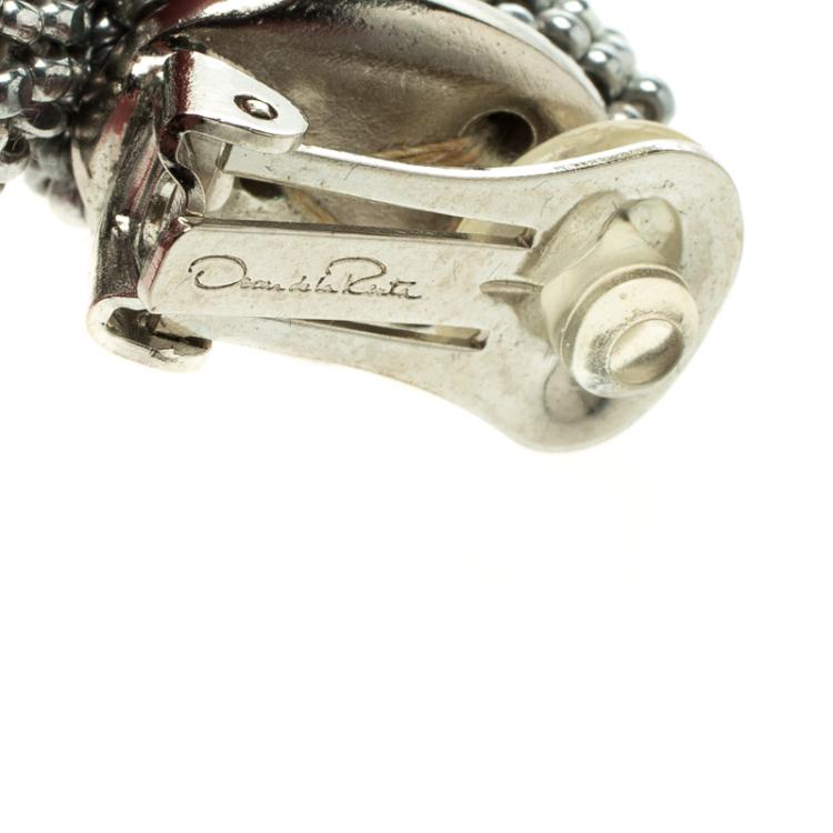 Pre Owned Oscar de la Renta Grey Beaded Long Tassel Clip-on Earrings