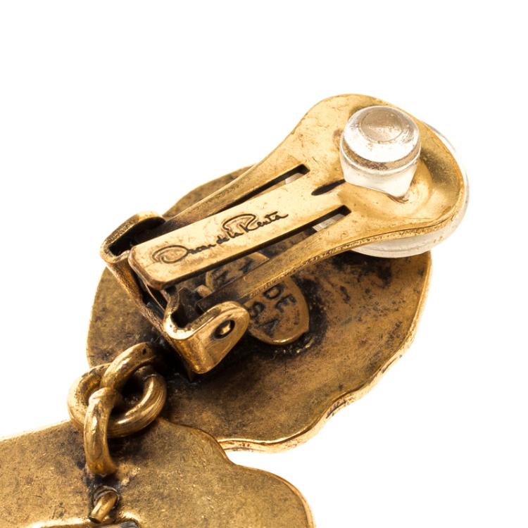 Pre Owned Oscar de la Renta Flat Circular Link Gold Tone Long Earrings