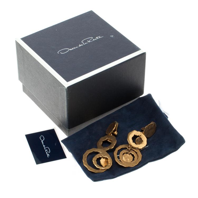 Pre Owned Oscar de la Renta Flat Circular Link Gold Tone Long Earrings