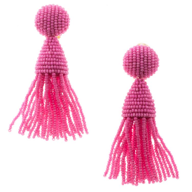 Pre Owned Oscar De La Renta Pink Beaded Tassel Clip-on Earrings