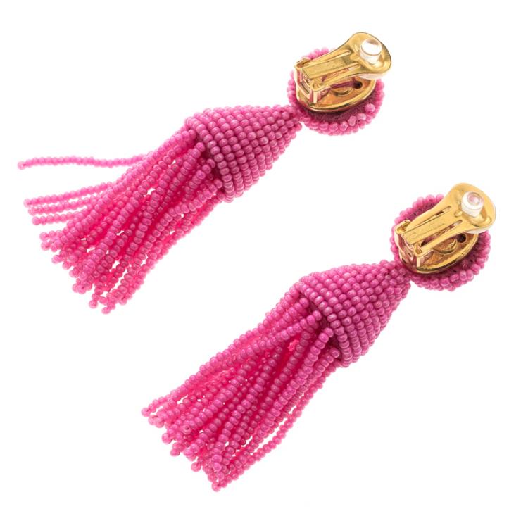 Pre Owned Oscar De La Renta Pink Beaded Tassel Clip-on Earrings