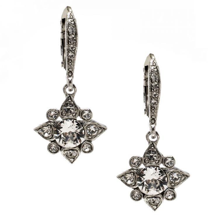 Pre Owned Oscar de la Renta Delicate Star Crystal Silver Tone Drop Earrings 