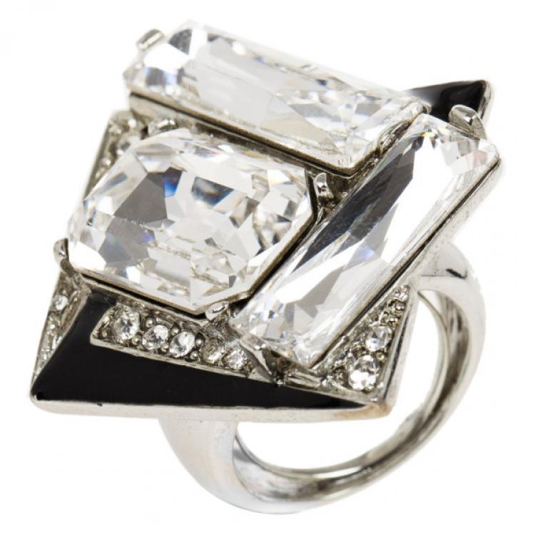 Pre Owned Oscar de la Renta Geometric Crystal Ring Size 56