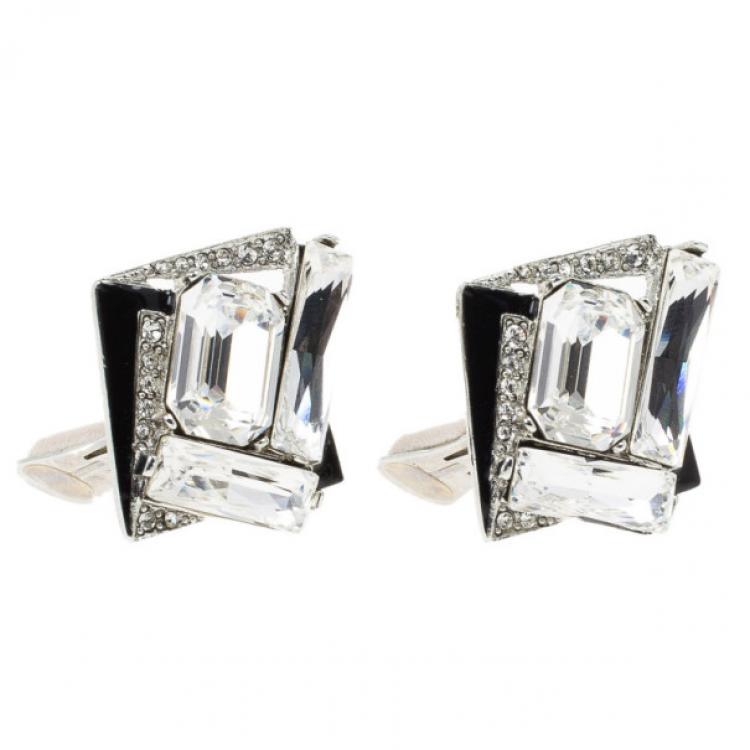 Pre Owned Oscar de la Renta Geometric Crystal Clip On Earrings