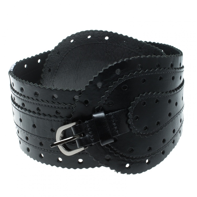 Pre Owned Oscar de la Renta Black Leather Waist Belt 80cm