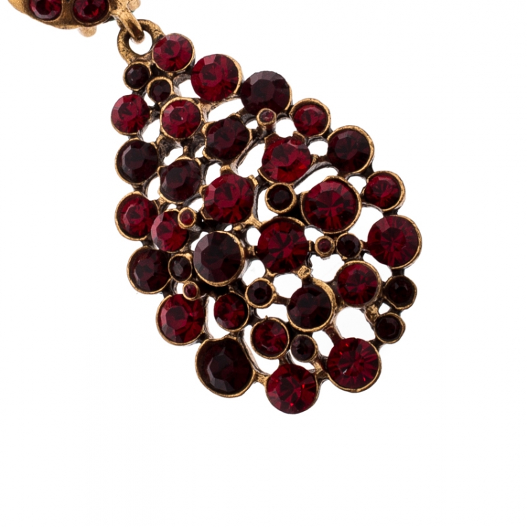 Pre Owned Oscar de la Renta Red Crystal Gold Tone Clip-on Drop Earrings