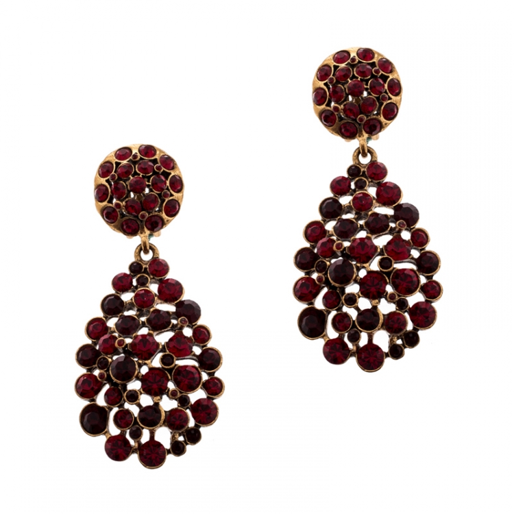 Pre Owned Oscar de la Renta Red Crystal Gold Tone Clip-on Drop Earrings